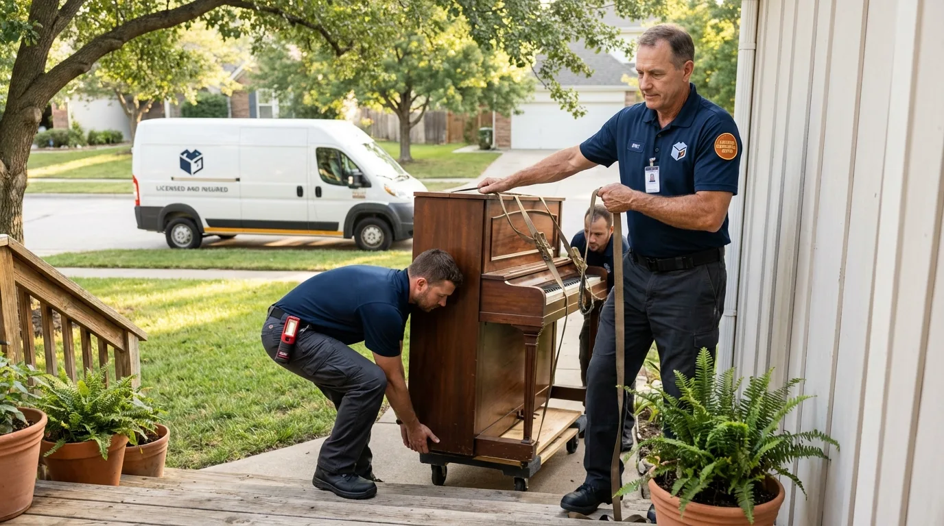 Licensed piano movers securing grand piano in Albany, LA