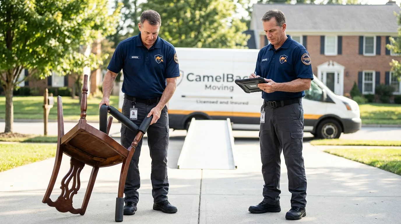 Movers inspecting furniture for damage prevention before loading in Albany, LA