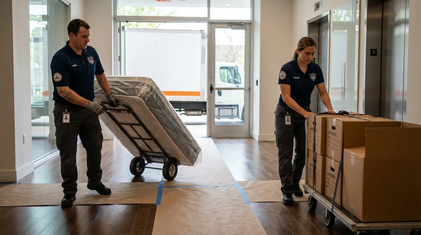 Professional apartment movers loading elevator in Albany, LA